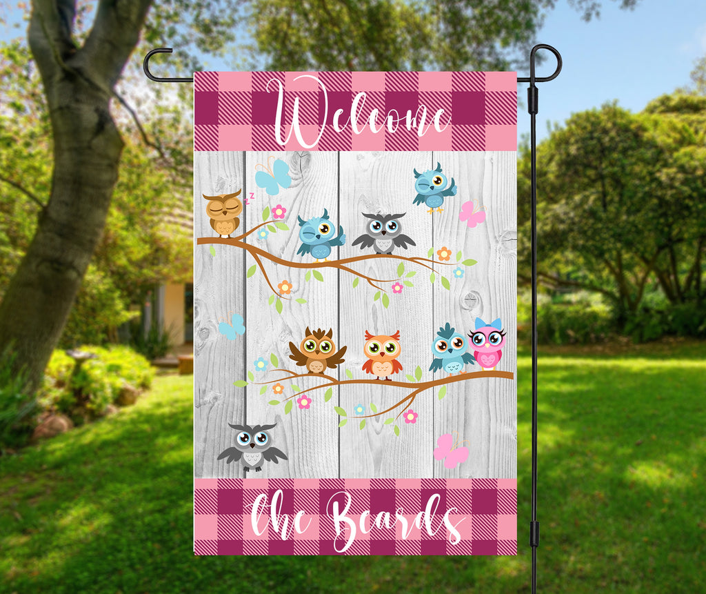 Personalized Garden Flag - Welcome Owls - Custom Family Name - Spring Dcor - 12x18 Inches