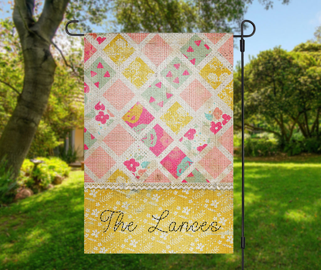Personalized Patchwork Garden Flag with Family Name  Spring Welcome  12x18 Custom Design