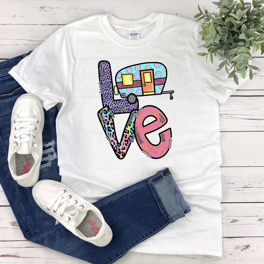 Love Camping T-Shirt for Women  RV and Camper Themed Top  Plus Size Available  Perfect Gift for Mom and Outdoor Enthusiasts