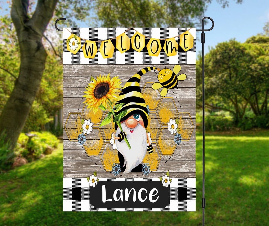 Customized Welcome Garden Flag  Personalized Family Name 12x18  Honey Bee  Gnome Design  Summer Decor