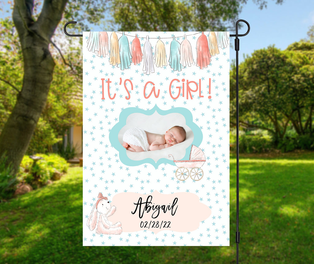 Personalized Baby Garden Flag  Customizable 12x18 Celebration Photo Design  Announcement for Newborn