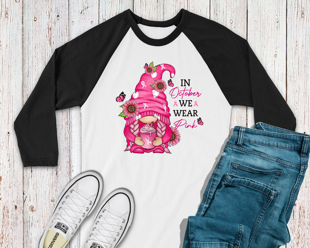 Breast Cancer Awareness Plus Size Raglan T-Shirt with Pink Gnome Print - Gifts for Mom