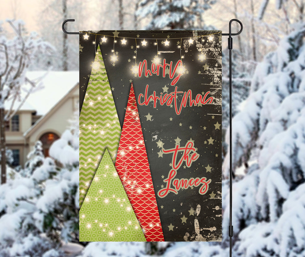 Christmas Garden Flag  Retro Style  Personalized  12x18 Size  Family Name  Festive Trees