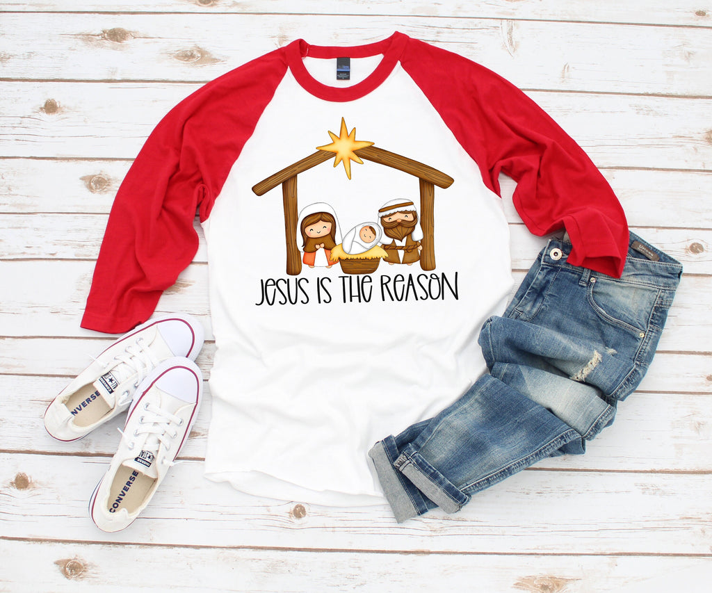 Womens Christmas Shirt with Nativity Design - Plus Size Holiday Top featuring Jesus is the Reason for Ladies