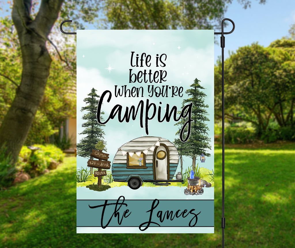 Personalized Camping Garden Flag with Family Name  RV Life is Better  12x18 Glamping Decor