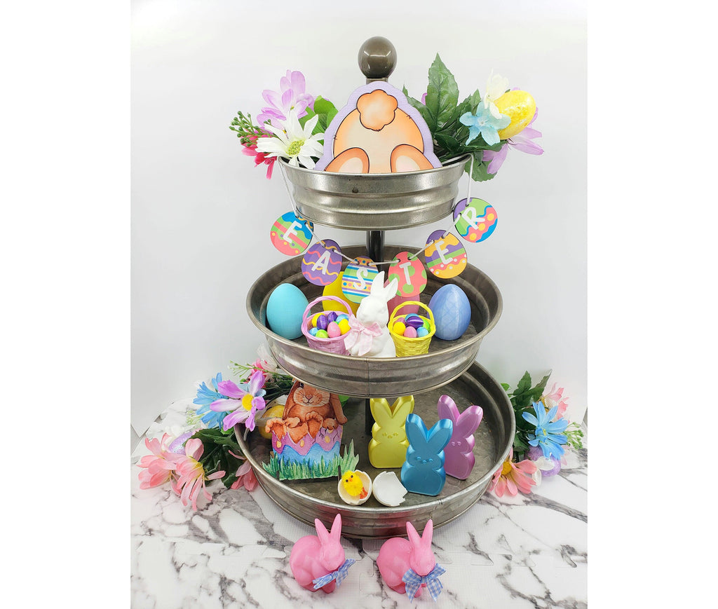 Easter Bunny Tiered Tray Decor  Easter Sign  Eggs  Spring Decor  Bunny Figurine