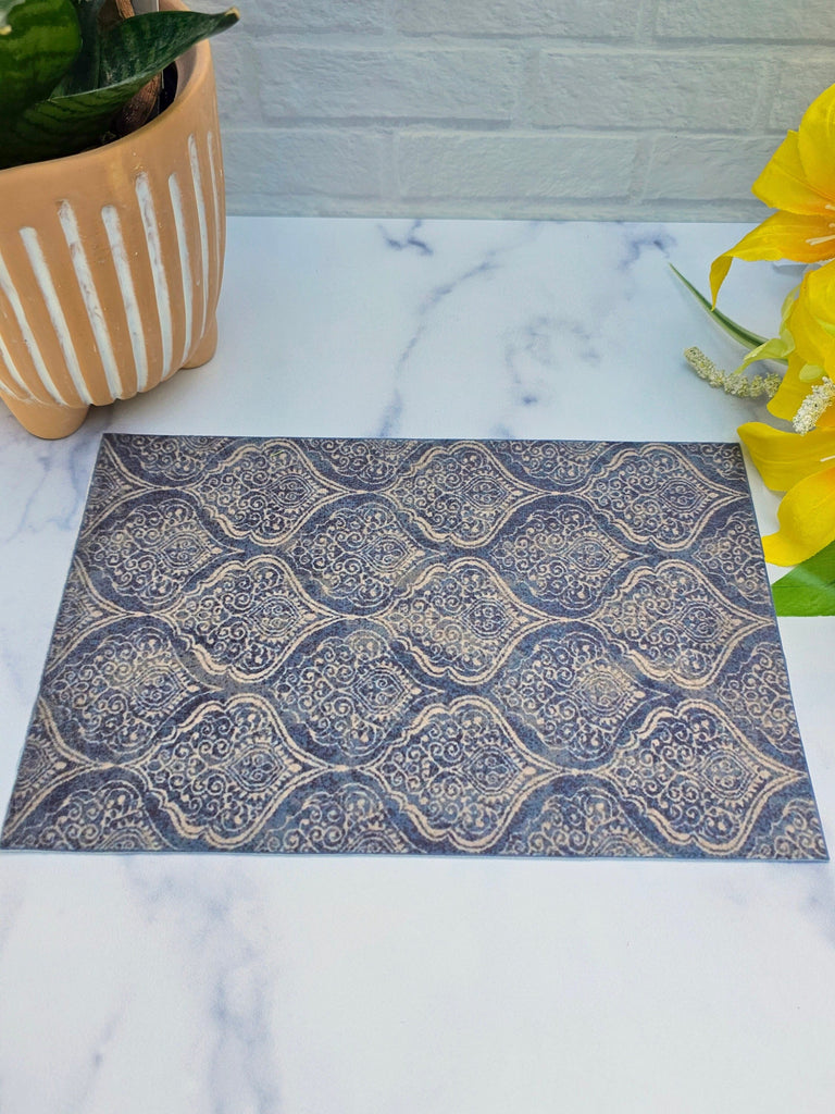 Modern Dollhouse Rug - 1:6 Scale Navy Brown Miniature Decor - 9x6 Printed Fabric