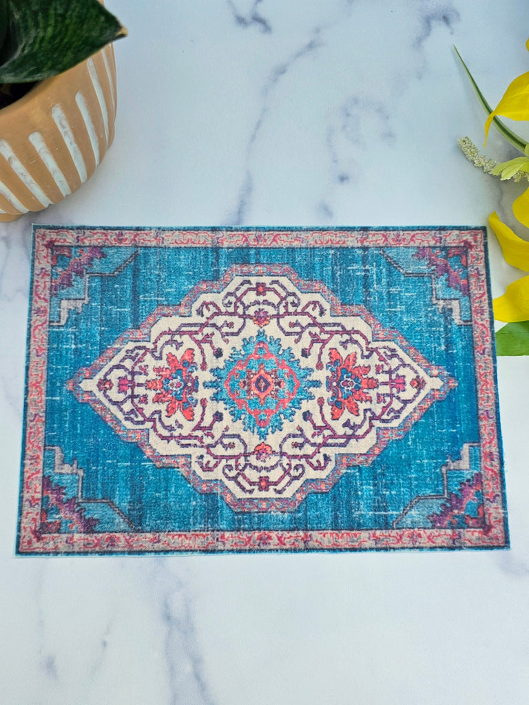 Dollhouse Miniature Teal Green Rug - Handcrafted for Dollhouses