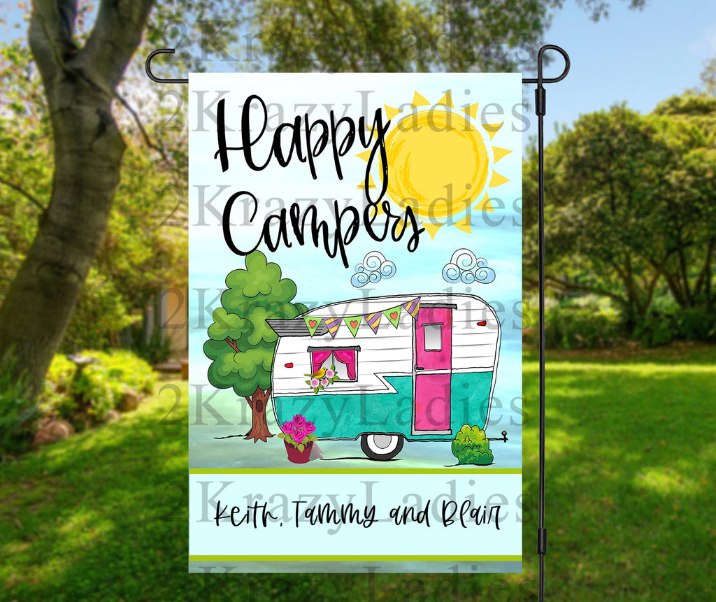 Personalized Camper Garden Flag  RV Decor  Family Name Gift  Happy Campers Sign
