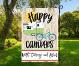 Personalized Camper Garden Flag - Happy Campers - RV Family Name - 12 x 18 Glamping Flag