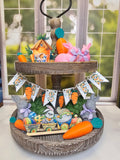 Easter Tiered Tray Decor with Bunny Carrot and Spring Themed Accents