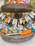 Easter Tiered Tray Decor with Bunny Carrot and Spring Themed Accents